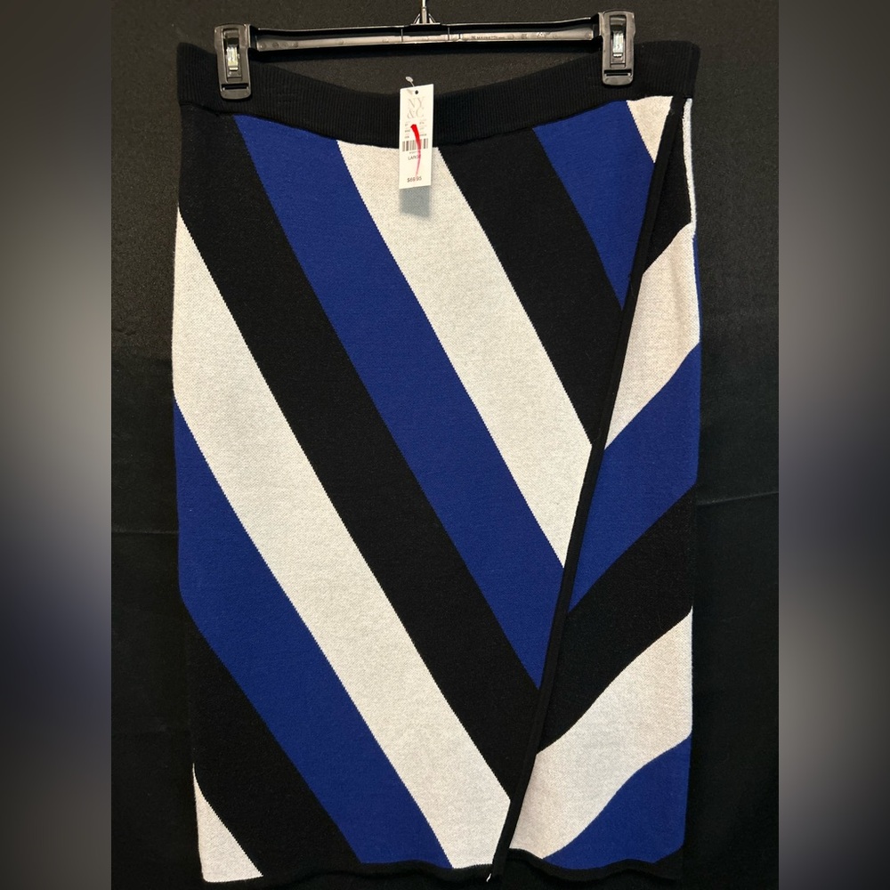 NY&Co. 7th Ave Design Striped knit mock wrap Sweater skirt Blue Black White Lrg